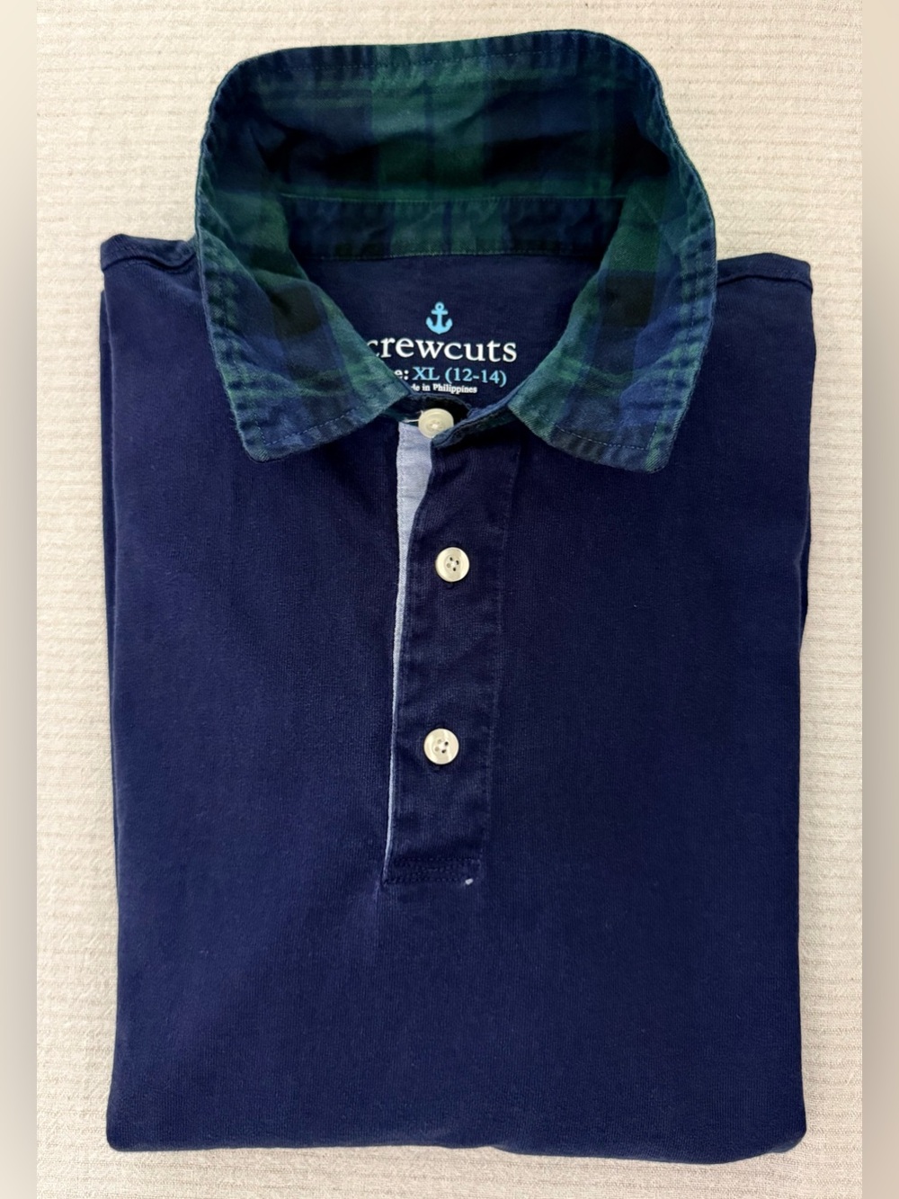 Crewcuts Dark Navy Polo with Green Tartan Plaid Collar